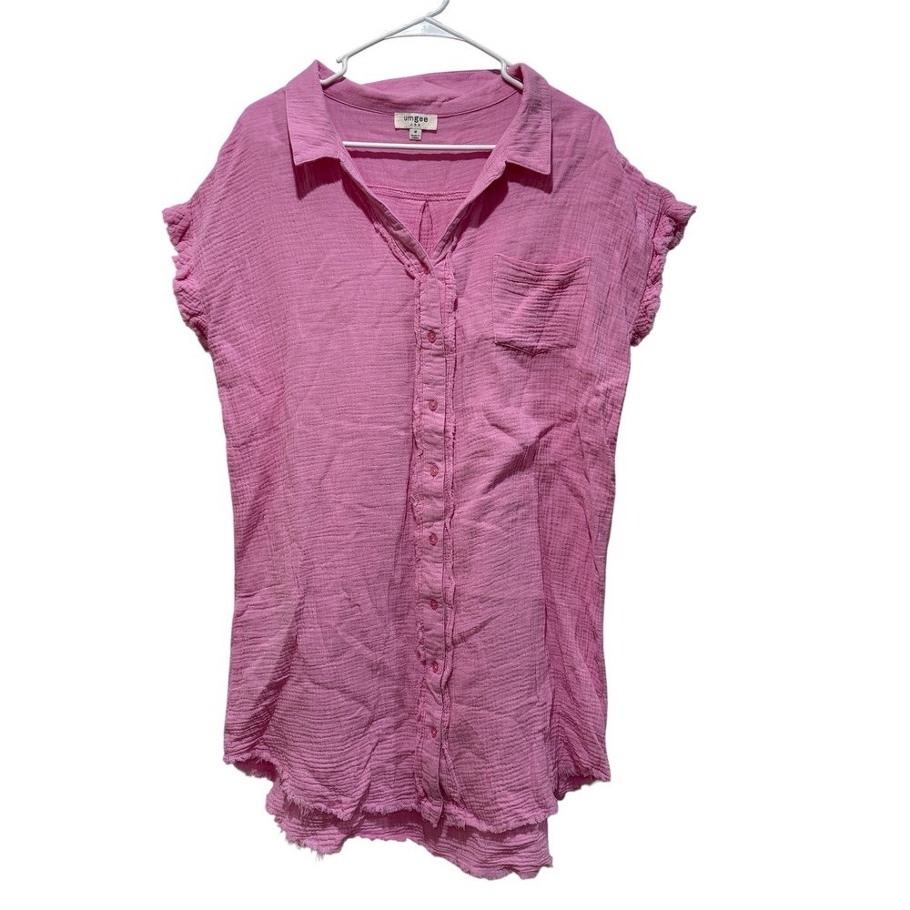 Umgee Gauze Cotton Shirt Dress Medium‎ M Raw Hem Button Down Short Sleeve Beach